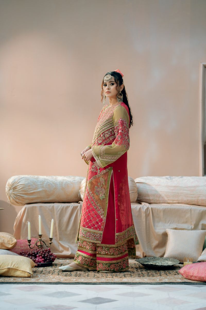 Fozia Khalid - Doli - Organza - Shocking pink & mehndi green - 4 Piece
