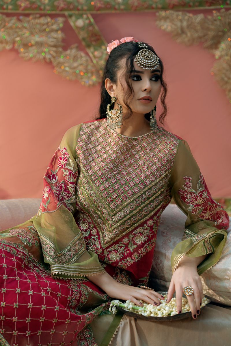 Fozia Khalid - Doli - Organza - Shocking pink & mehndi green - 4 Piece