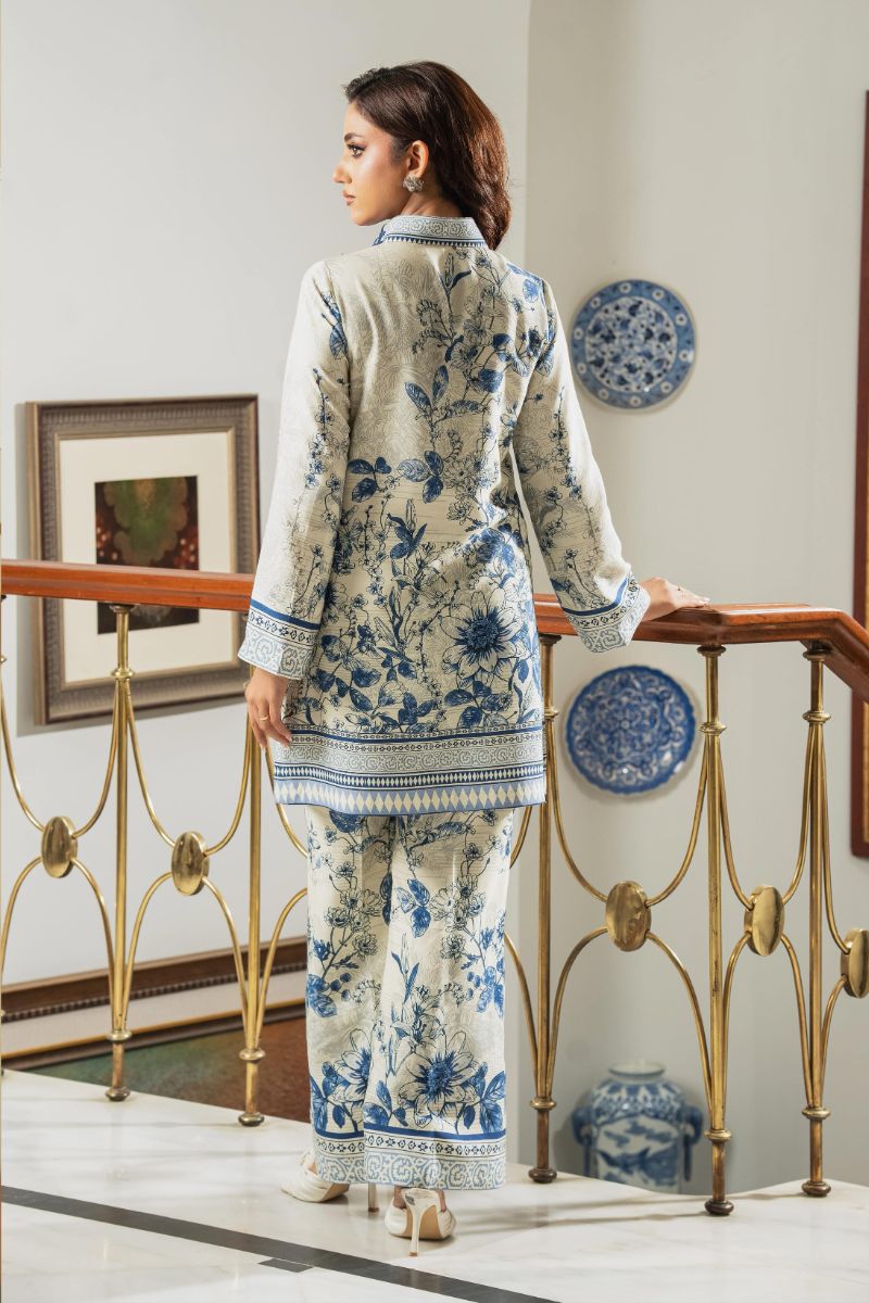 Shamaeel - ECK-28 - Ivory with Bold Blue Khaddi Silk - 2 Piece