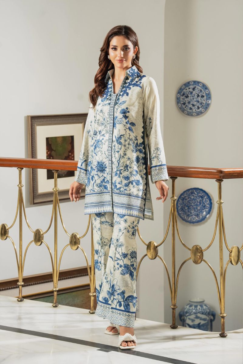 Shamaeel - ECK-28 - Ivory with Bold Blue Khaddi Silk - 2 Piece