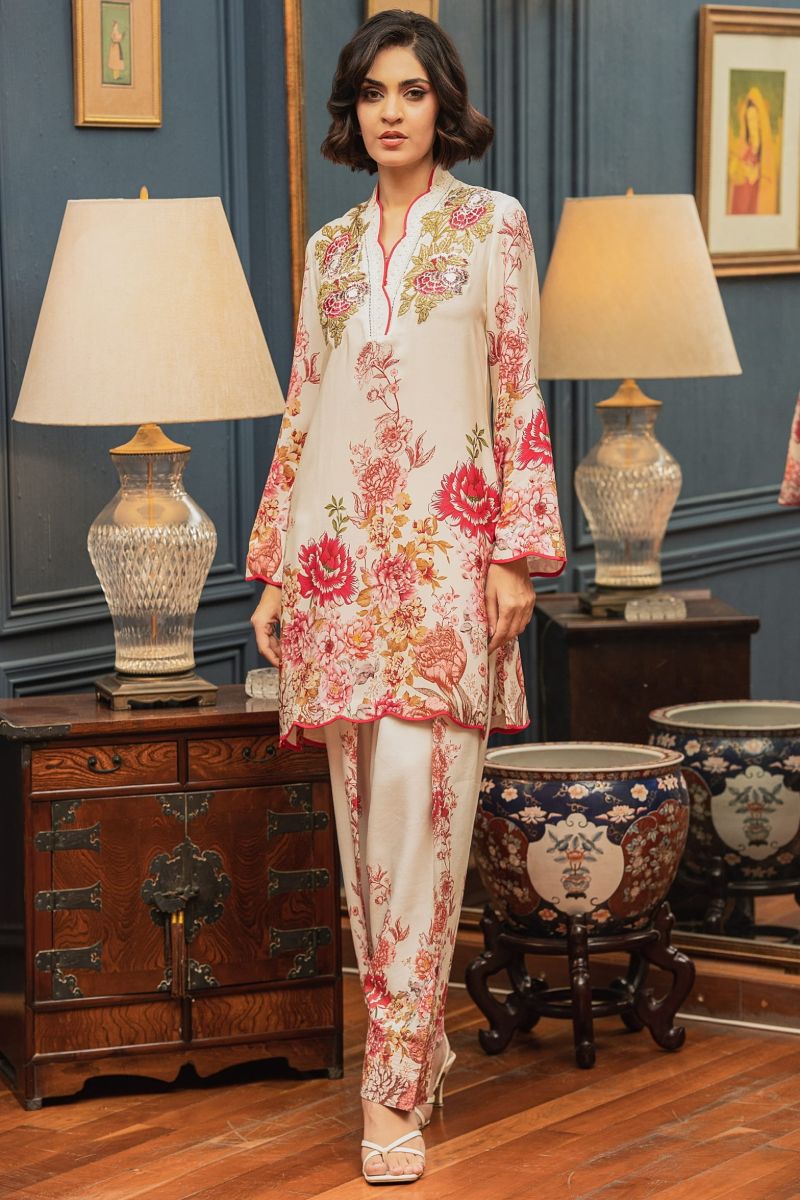 Shamaeel - ECK-33 - White & Pink - Khaddi Silk - 2 Piece