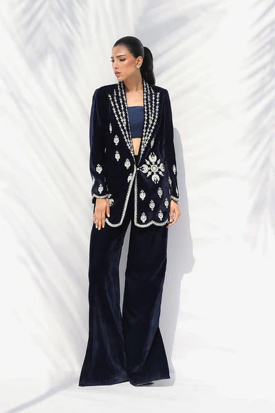 Sania Maskatiya - Eden Charmeuse,Velvet Suit For Women - Midnight Blue 3 Piece