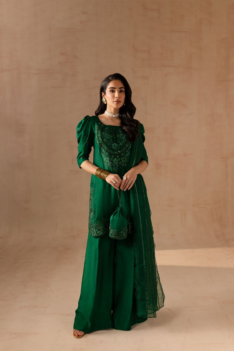 Maria Osama Khan - Emerald Green - BOTTLE GREEN - RAWSILK & Organza - Studio By TCS - PK Maria Osama Khan - Emerald Green - BOTTLE GREEN - RAWSILK & Organza - Studio By TCS - PK