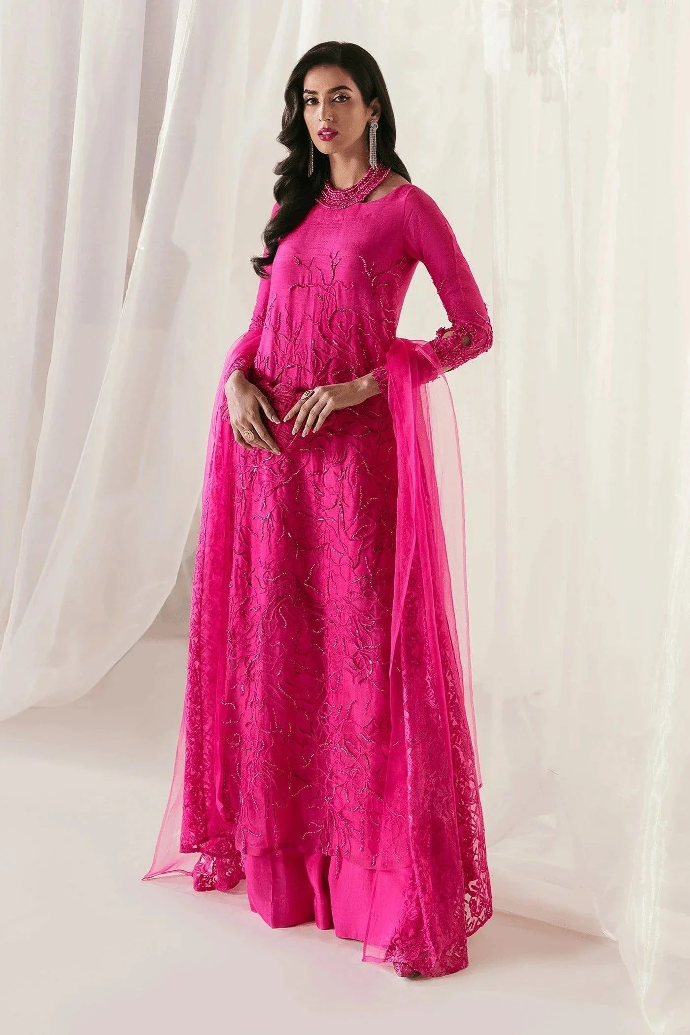Nilofer Shahid - Korean Raw Silk Fuchsia Embroidered Shirt and Pants with Deep Pink Organza Dupatta - Euphoria - 3 Piece - Studio by TCS