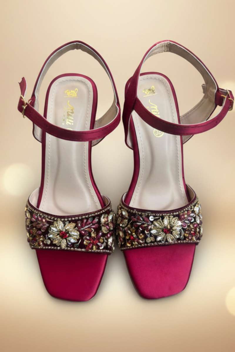 Milli Shoes - Hand Embroidered Block Heels Sandals For Women - Maroon