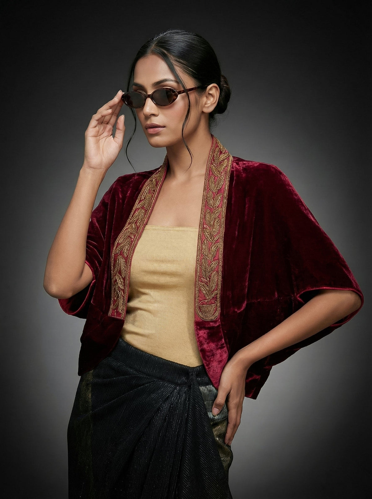 Maheen Khan - Gilded Silk Velvet Jacket For Women - Maroon - 1 Piece