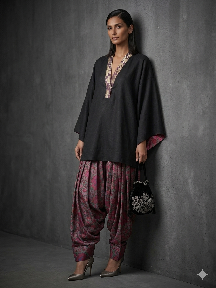 Gulabo - Cotton Silk Gulnaar Shalwar For Women - Mulberry Wine - 1 Piece