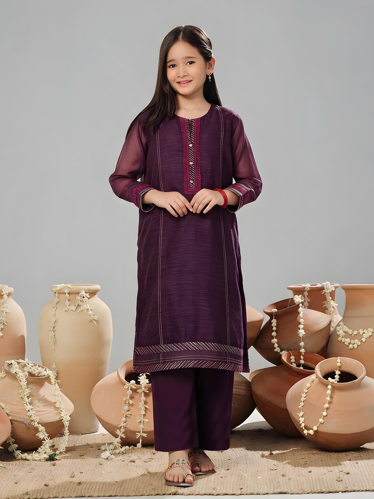 Oaks Embroidered Organza Co-ord set Purple 2 Piece