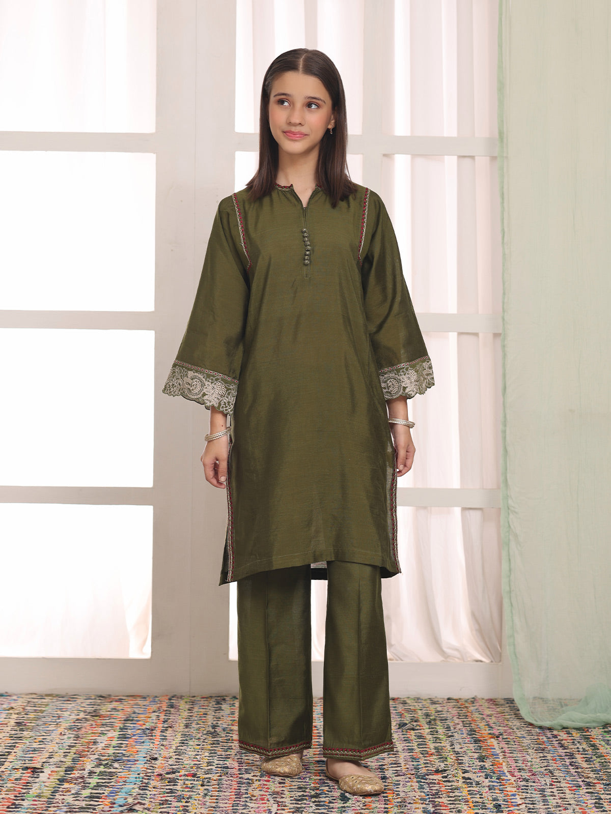Oaks Embroidered Cotton Silk Co-ord set Green 2 Piece
