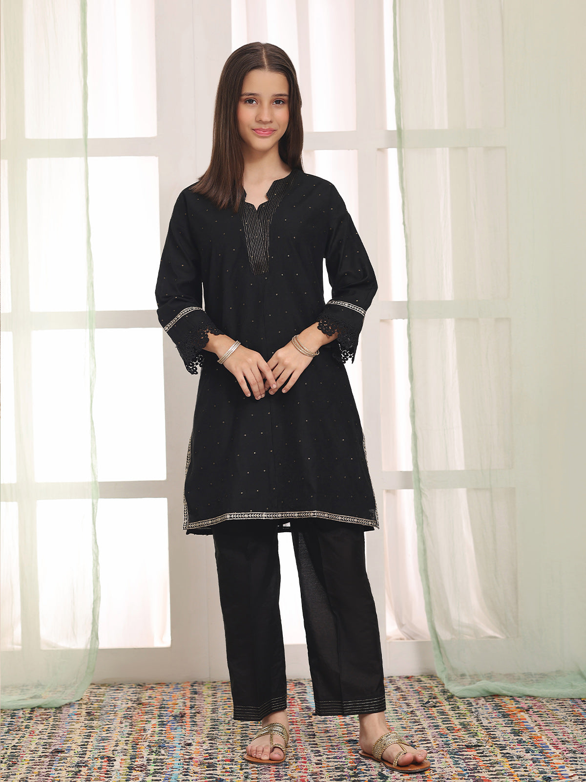 Oaks Embroidered Cotton Net Jacquard Co-ord set Black 2 Piece