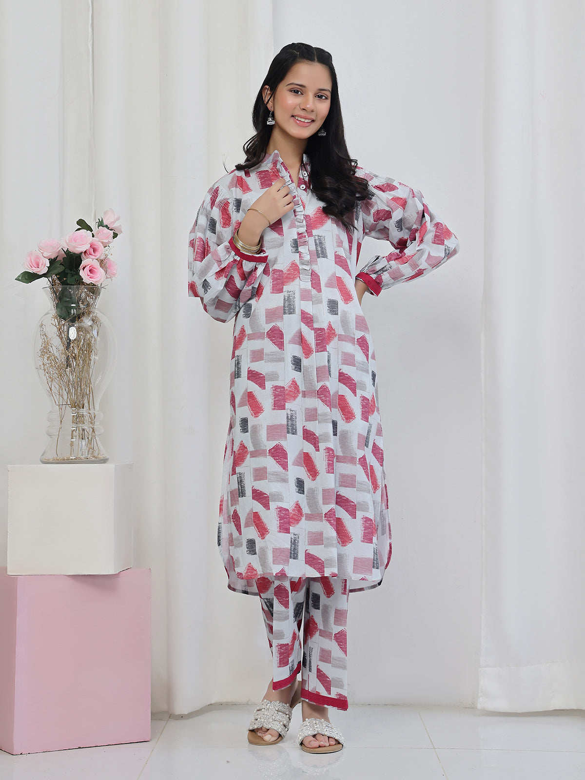 Oaks Printed Lawn Co-ord set White 2 Piece