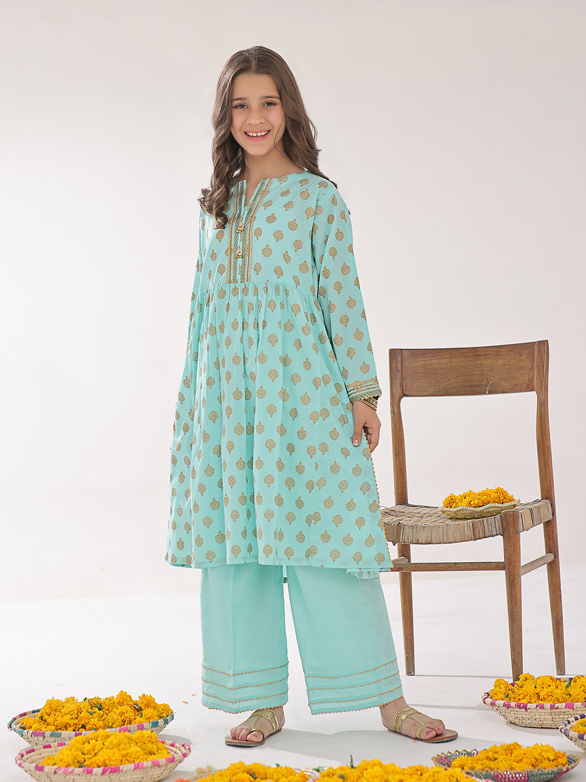 Oaks - Printed Pret Shirt Trouser Dyed Lawn Ferozi  - 2 Piece