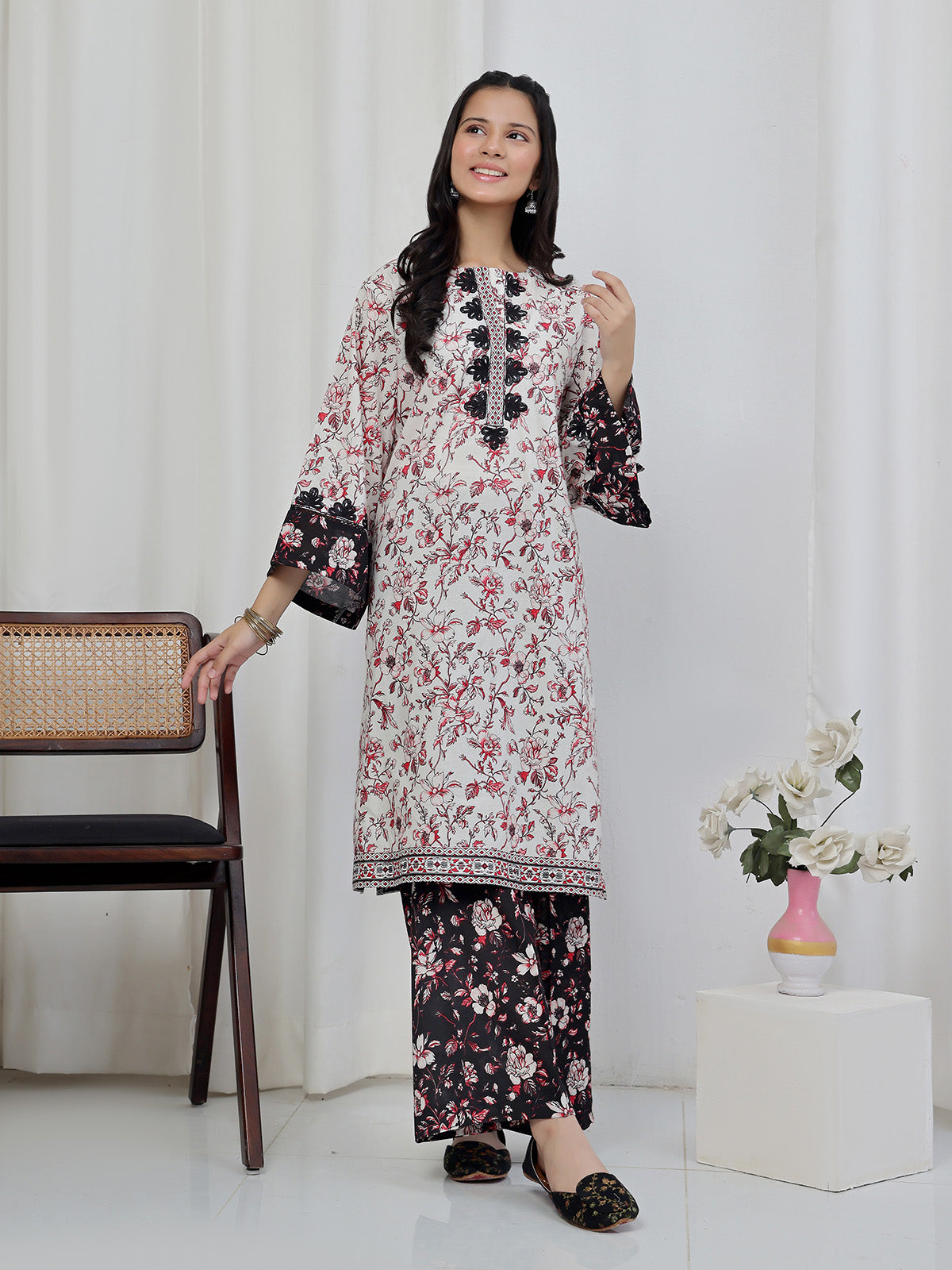 Oaks - Embroidered Lawn Suit For Girl - Red&Black - 2 Piece