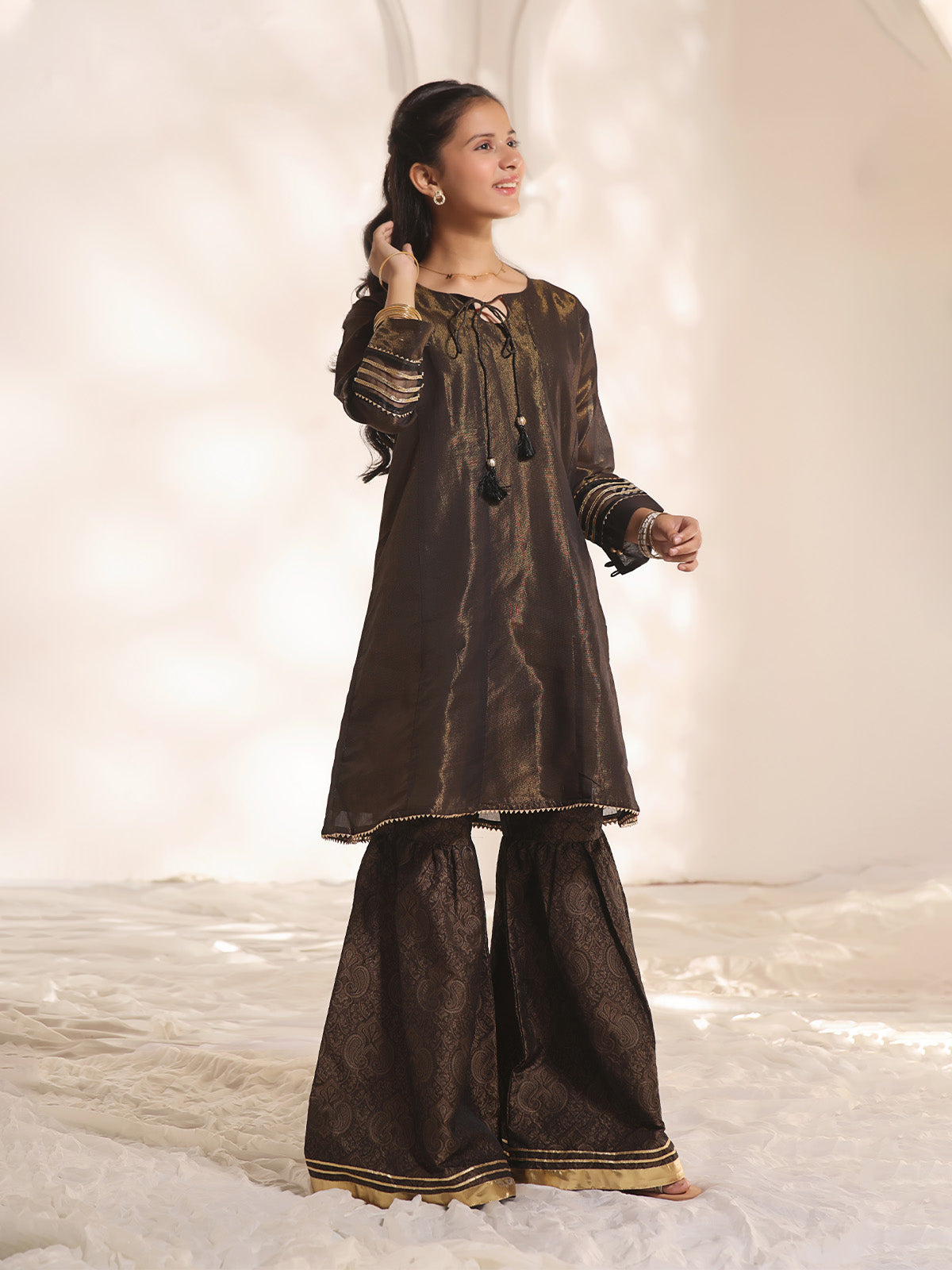Oaks - Fancy Pret Kurti Masoori Black & Golden  - 1 Piece