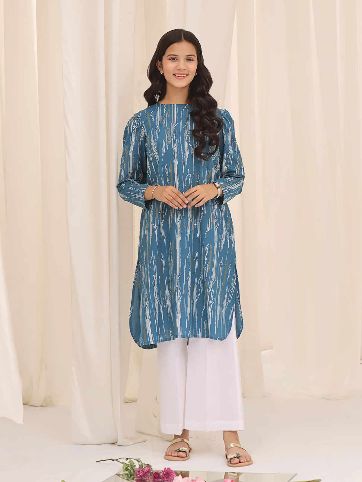 Oaks - Printed Pret Kurti Cotton Blue  - 1 Piece