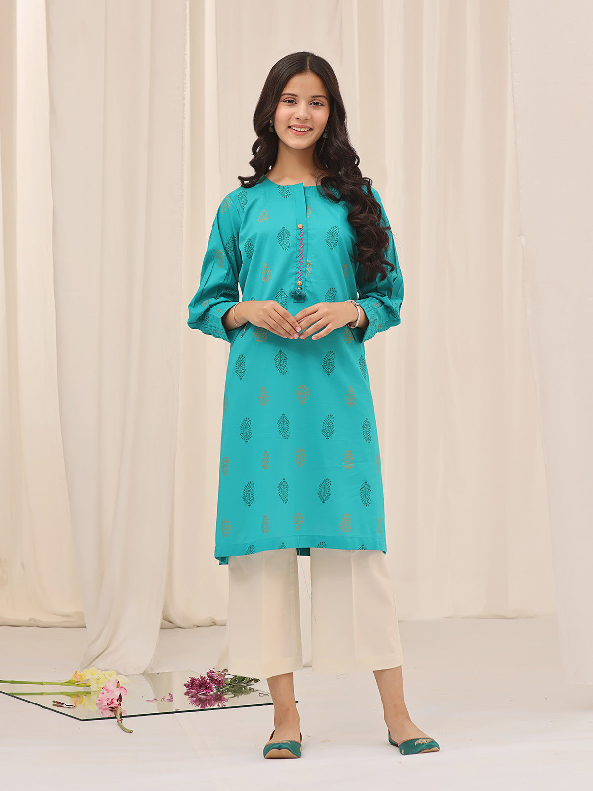 Oaks - Printed Pret Kurti Cotton Aqua Green  - 1 Piece