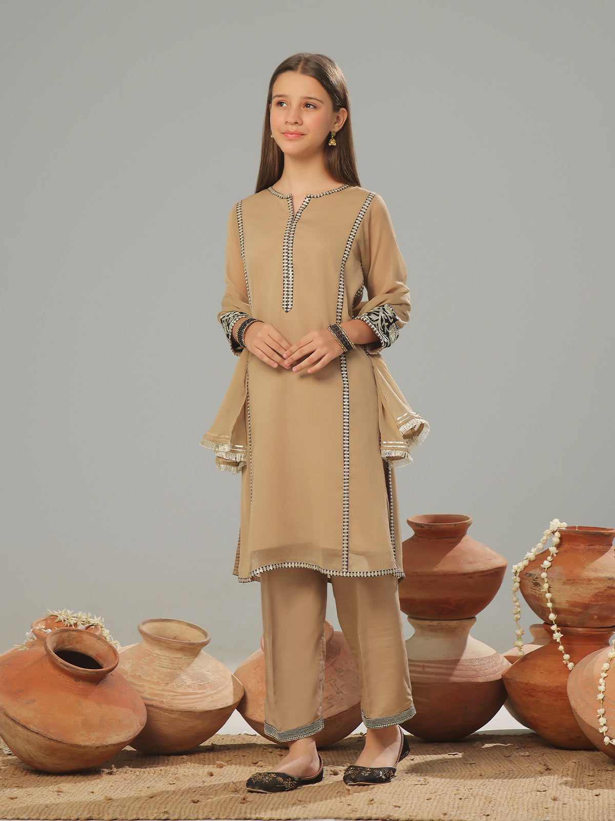 Oaks - Embroidered Suit Pret Dyed Chiffon Fawn  - 3 Piece