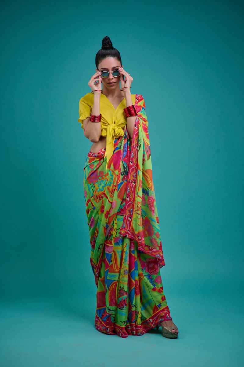 Gulabo - ELIRA SARI - Blended Chiffon - Green & Multi - 1 Piece
