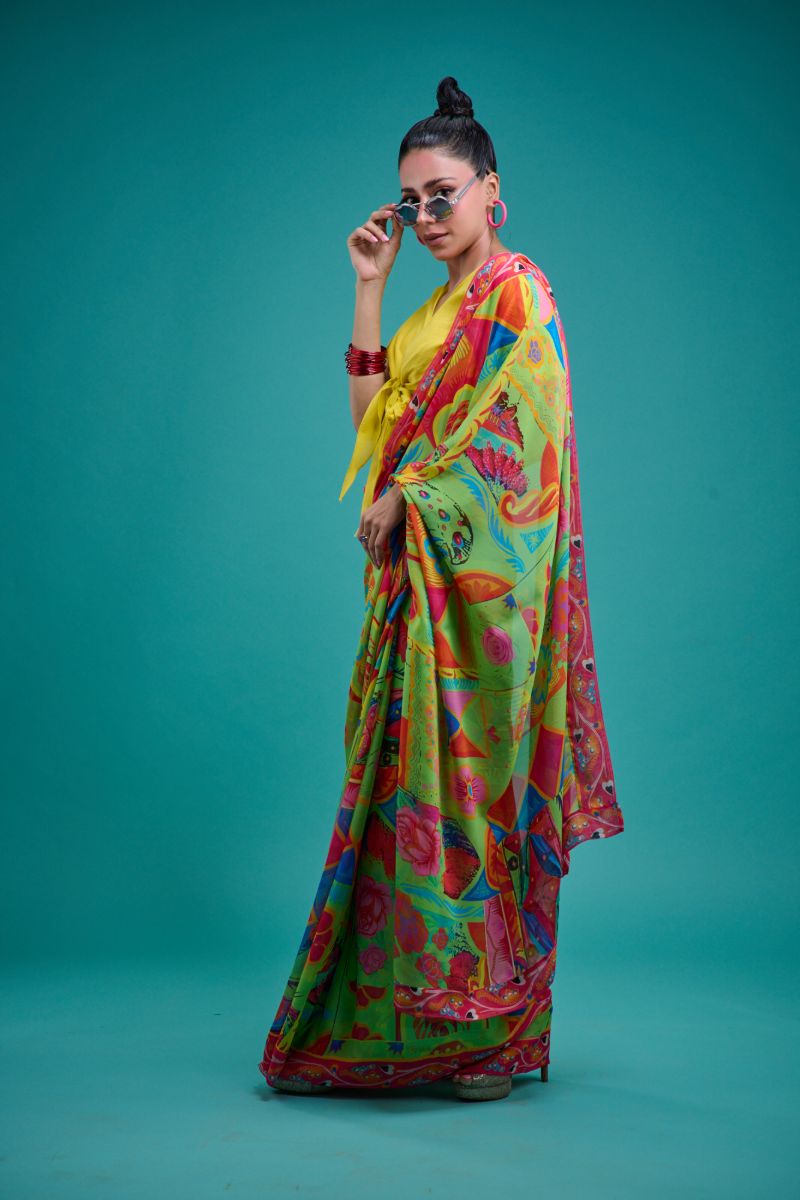 Gulabo - ELIRA SARI - Blended Chiffon - Green & Multi - 1 Piece