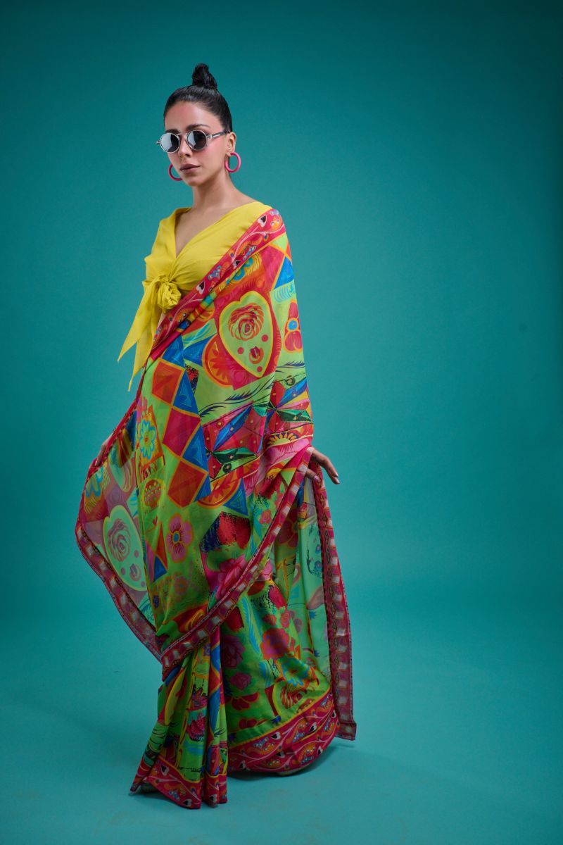 Gulabo - ELIRA SARI - Blended Chiffon - Green & Multi - 1 Piece