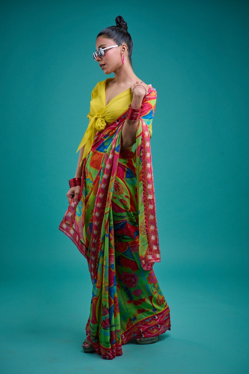 Gulabo - ELIRA SARI - Blended Chiffon - Green & Multi - 1 Piece