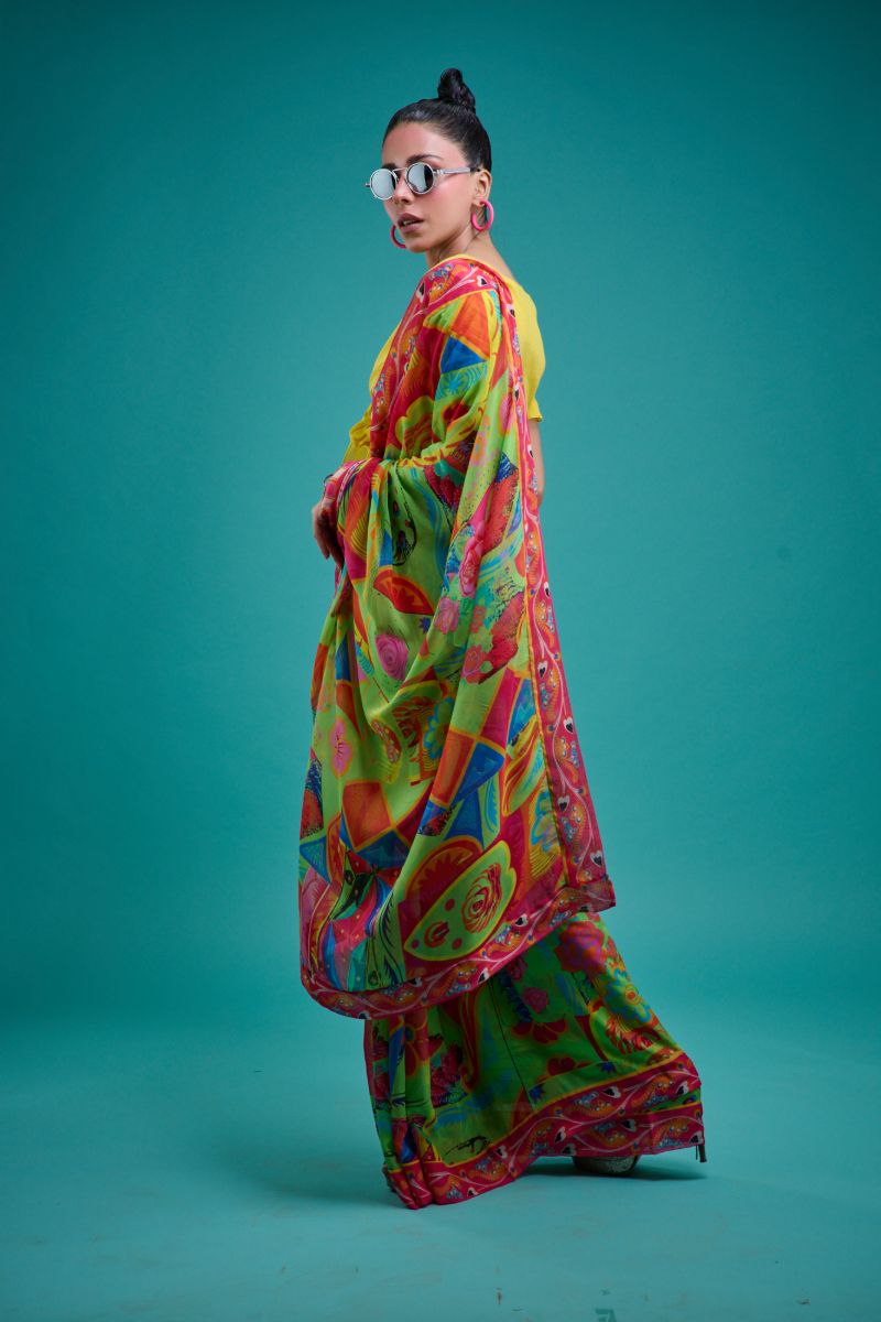 Gulabo - ELIRA SARI - Blended Chiffon - Green & Multi - 1 Piece