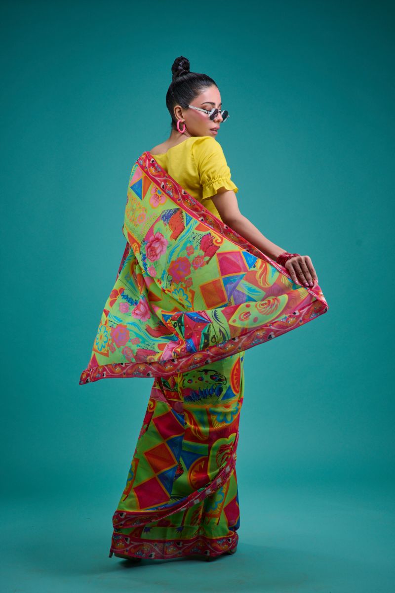 Gulabo - ELIRA SARI - Blended Chiffon - Green & Multi - 1 Piece