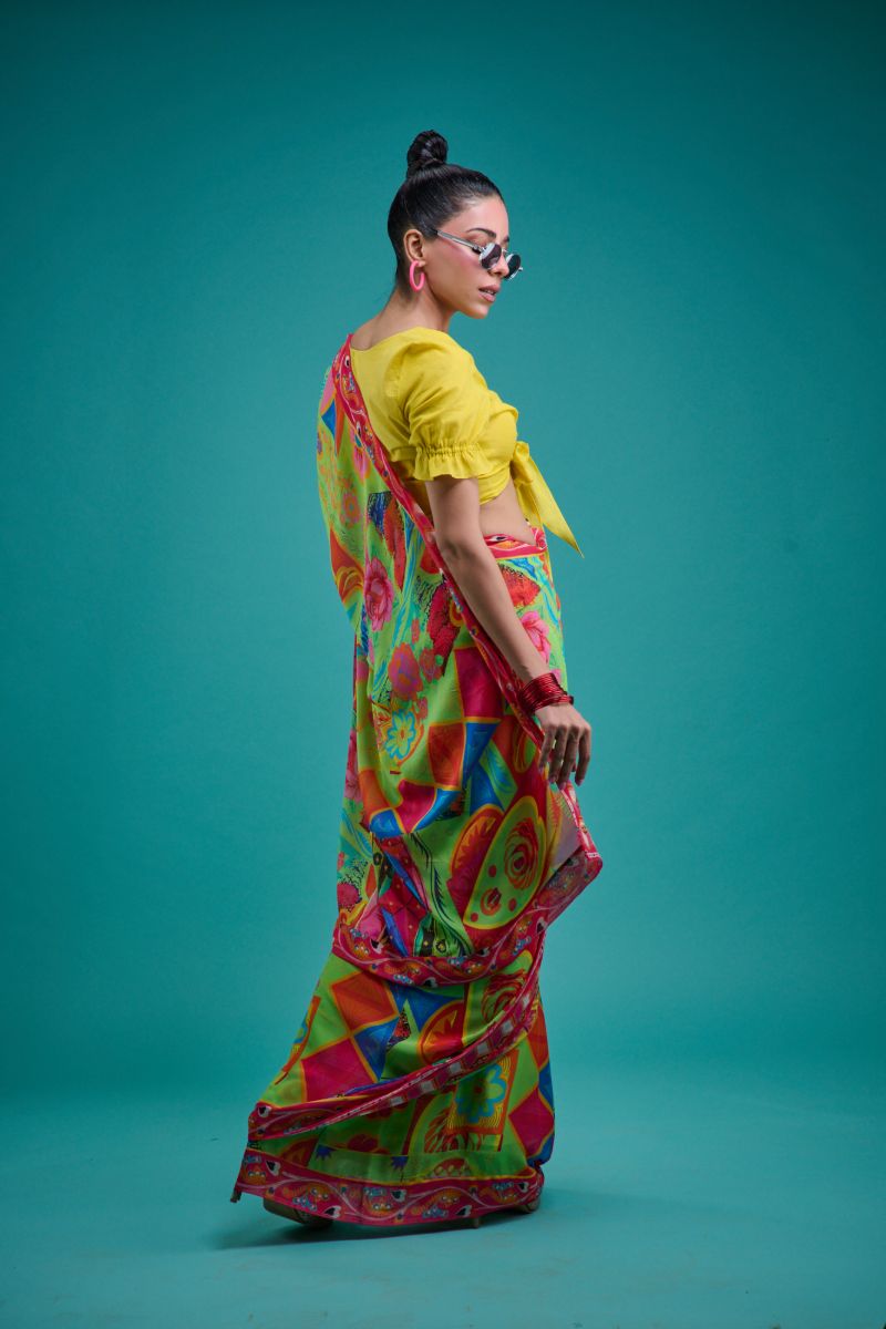 Gulabo - ELIRA SARI - Blended Chiffon - Green & Multi - 1 Piece