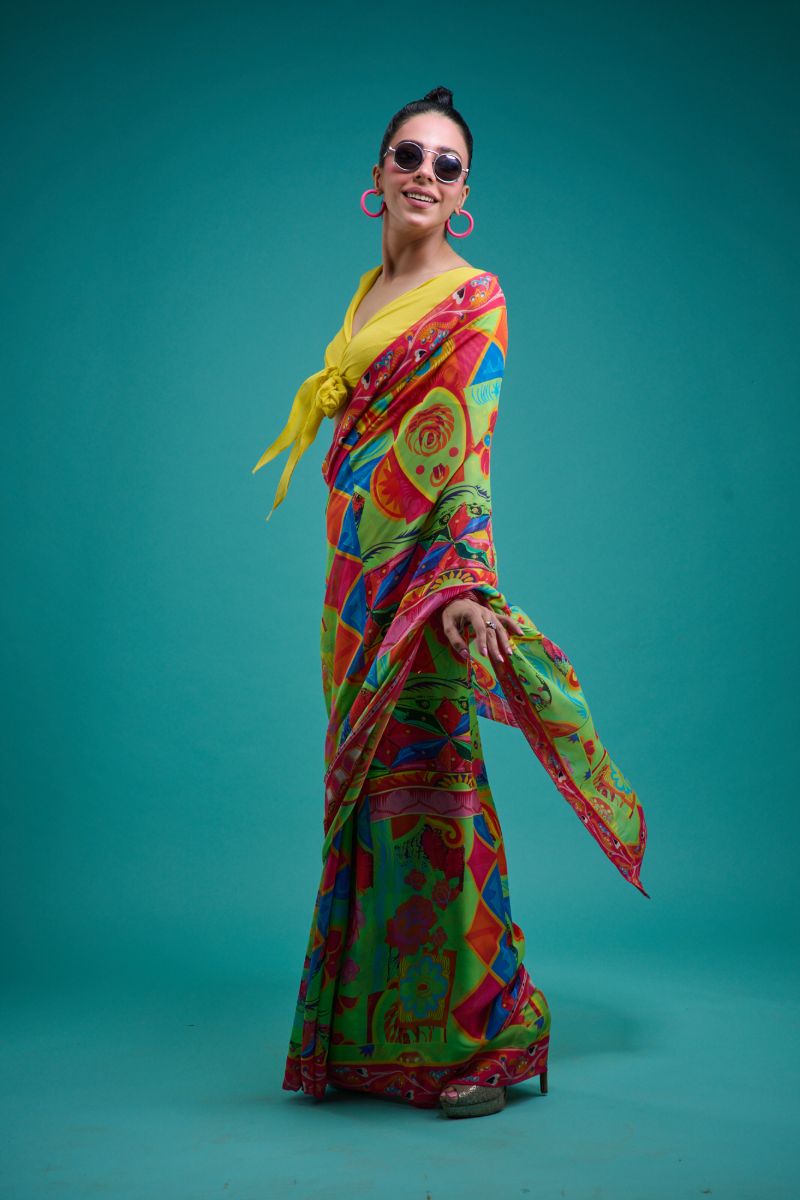 Gulabo - ELIRA SARI - Blended Chiffon - Green & Multi - 1 Piece