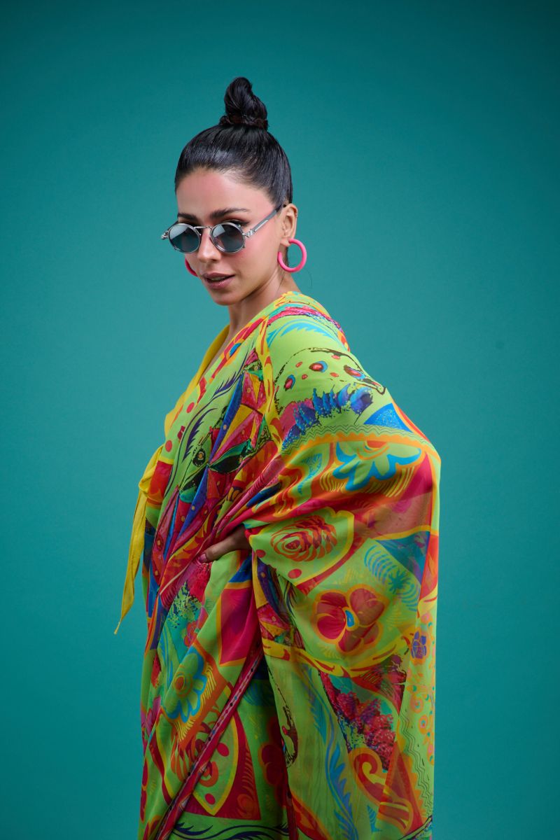 Gulabo - ELIRA SARI - Blended Chiffon - Green & Multi - 1 Piece