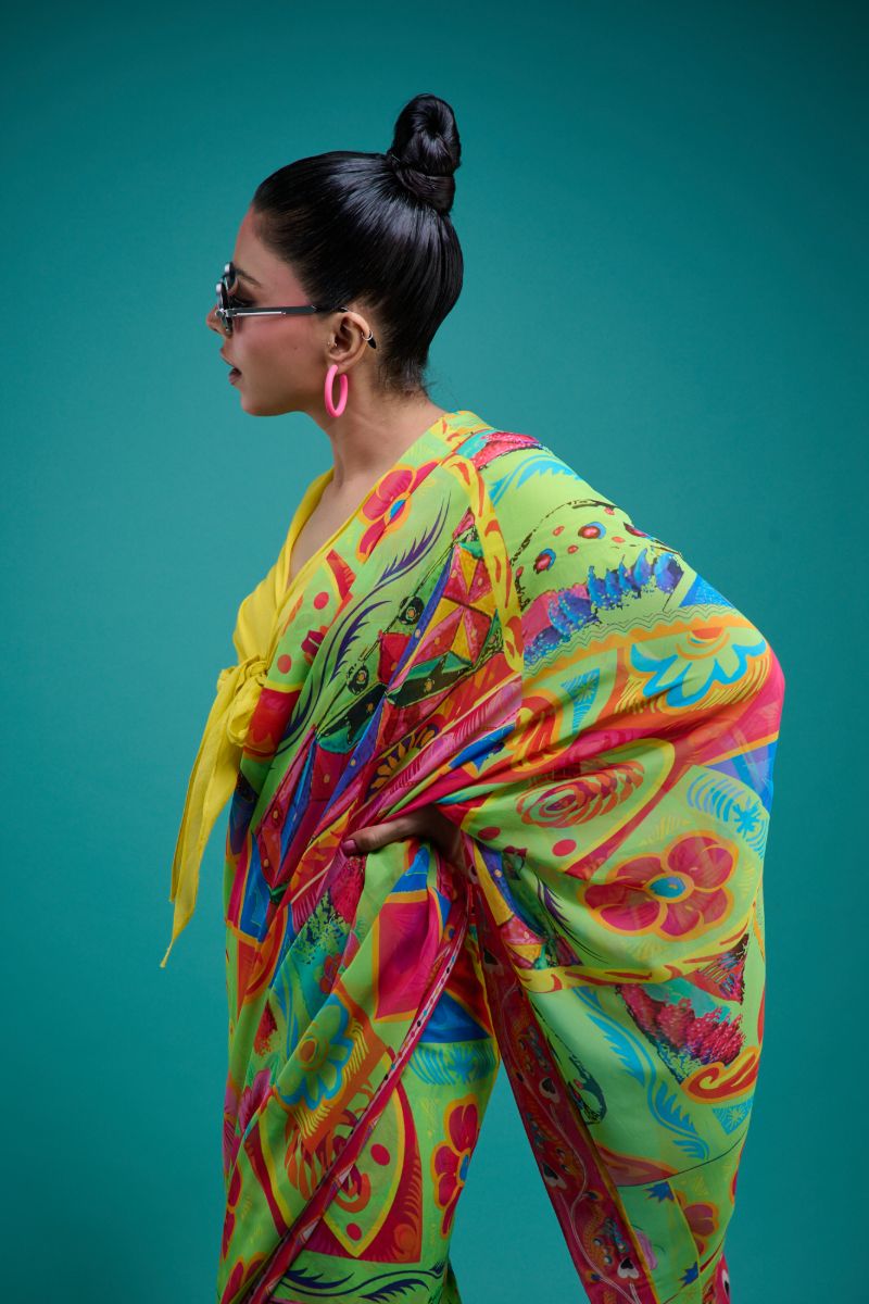 Gulabo - ELIRA SARI - Blended Chiffon - Green & Multi - 1 Piece
