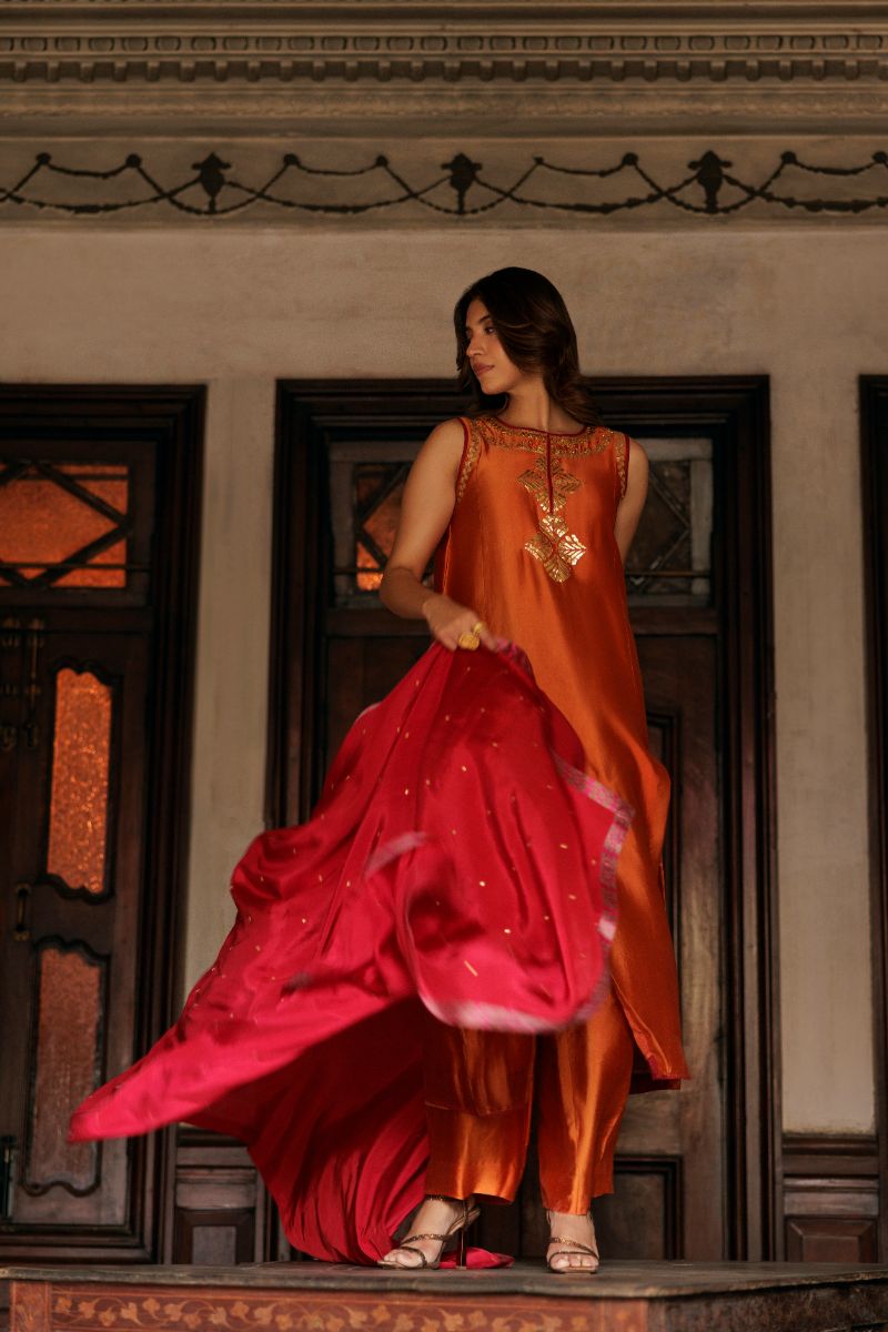 Pinktree - Gulnaar - Orange & Hot Pink - Pure Silk - 3 Piece