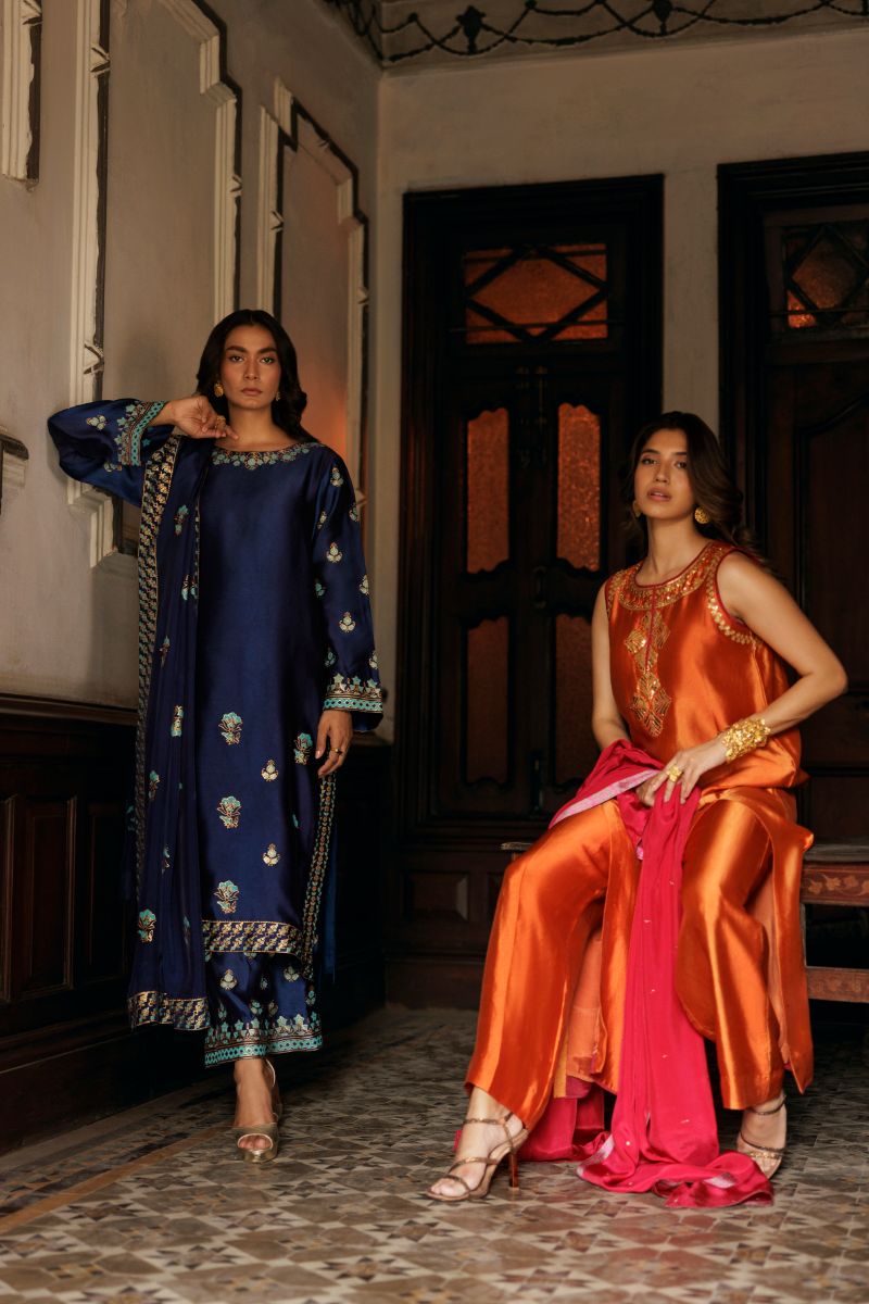 Pinktree - Gulnaar - Orange & Hot Pink - Pure Silk - 3 Piece