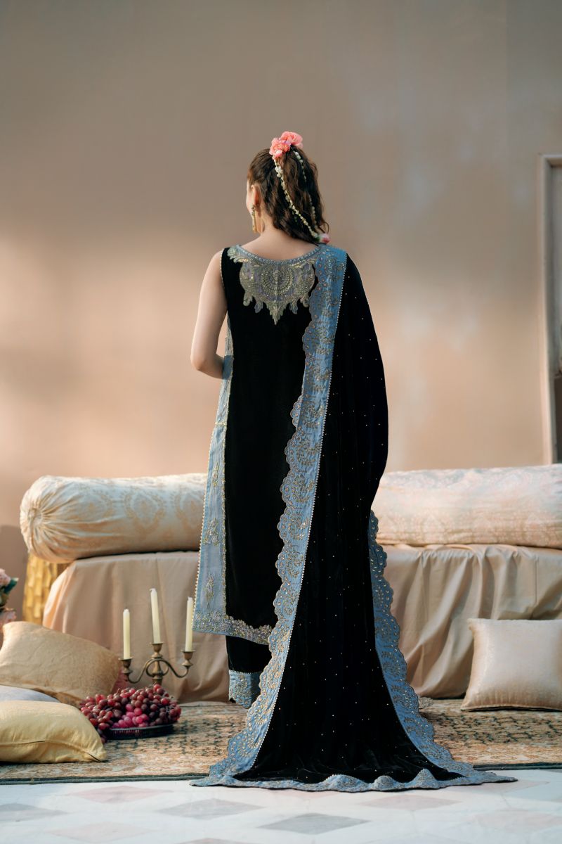 Fozia Khalid - Heer - Sheesha Silk - Black & Blue - 4 Piece