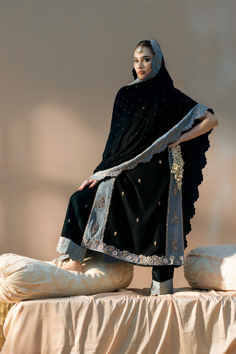 Fozia Khalid - Heer - Sheesha Silk - Black & Blue - 4 Piece
