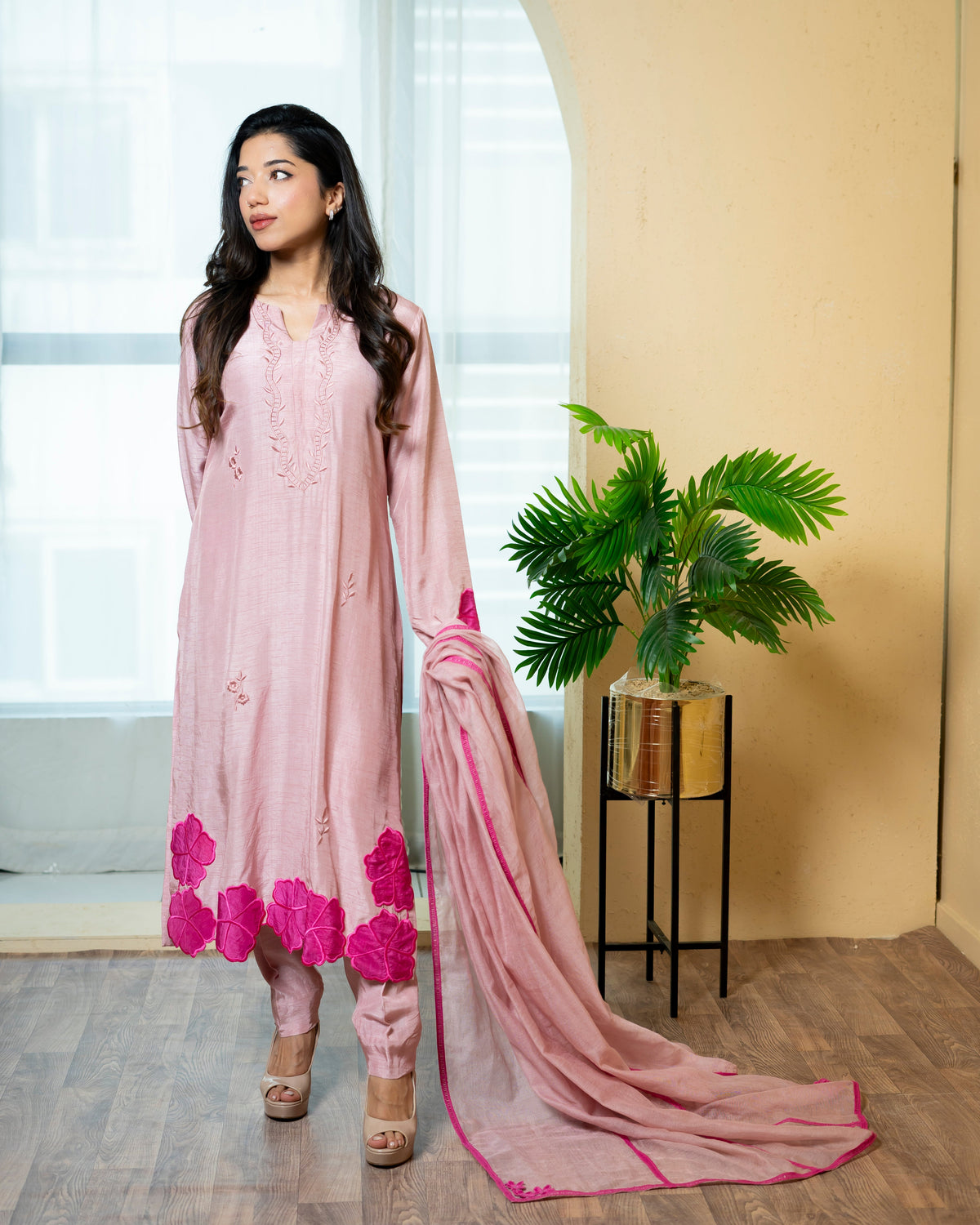 Urooj Atelier - Raw Silk Suit For Women - Blush Pink - 3 Piece