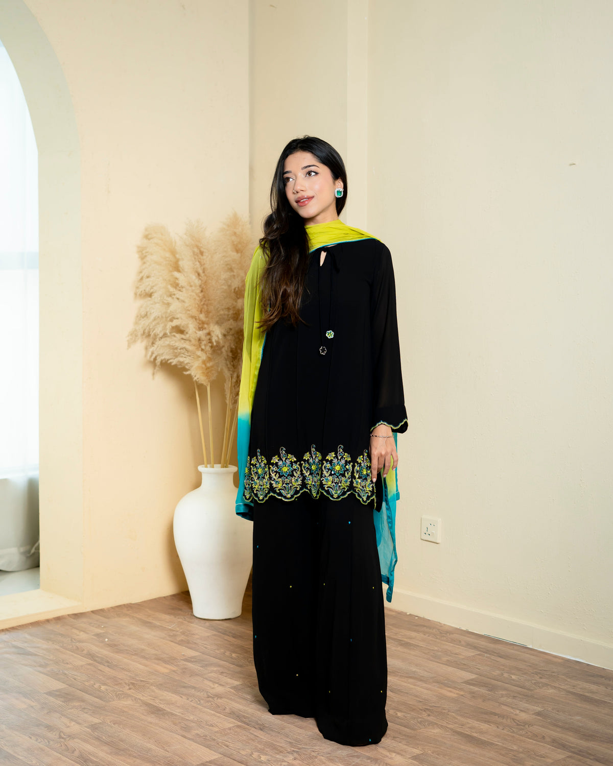 Urooj Atelier - Georgette Chiffon Suit For Women - Black - 3 Piece