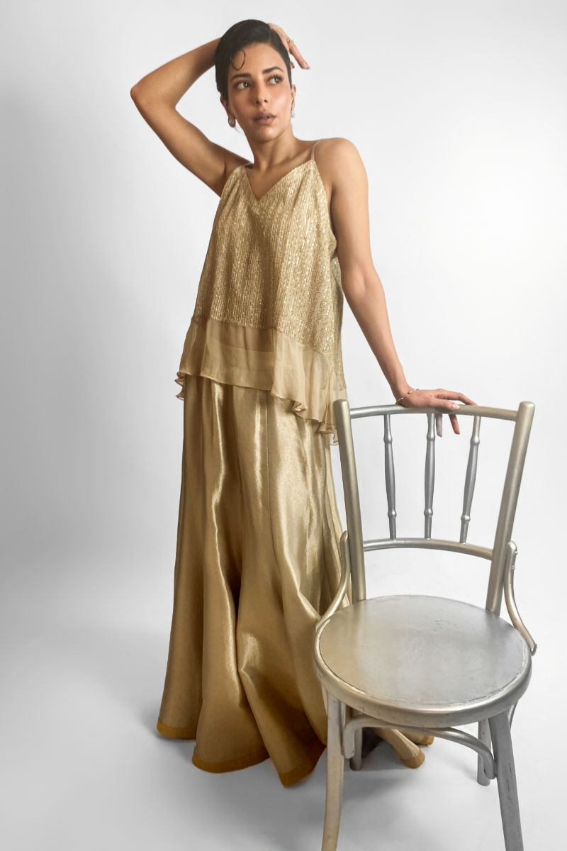 Maheen Khan - CELESTE CAMI TOP - Embroidered Chiffon - Beige Gold - 1 Piece