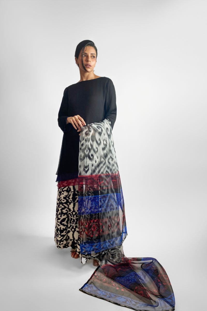 Gulabo - MIDNIGHT MOSAIC SUIT - Blended Chiffon, Silk & Organza - Black & Maroon - 3 Piece
