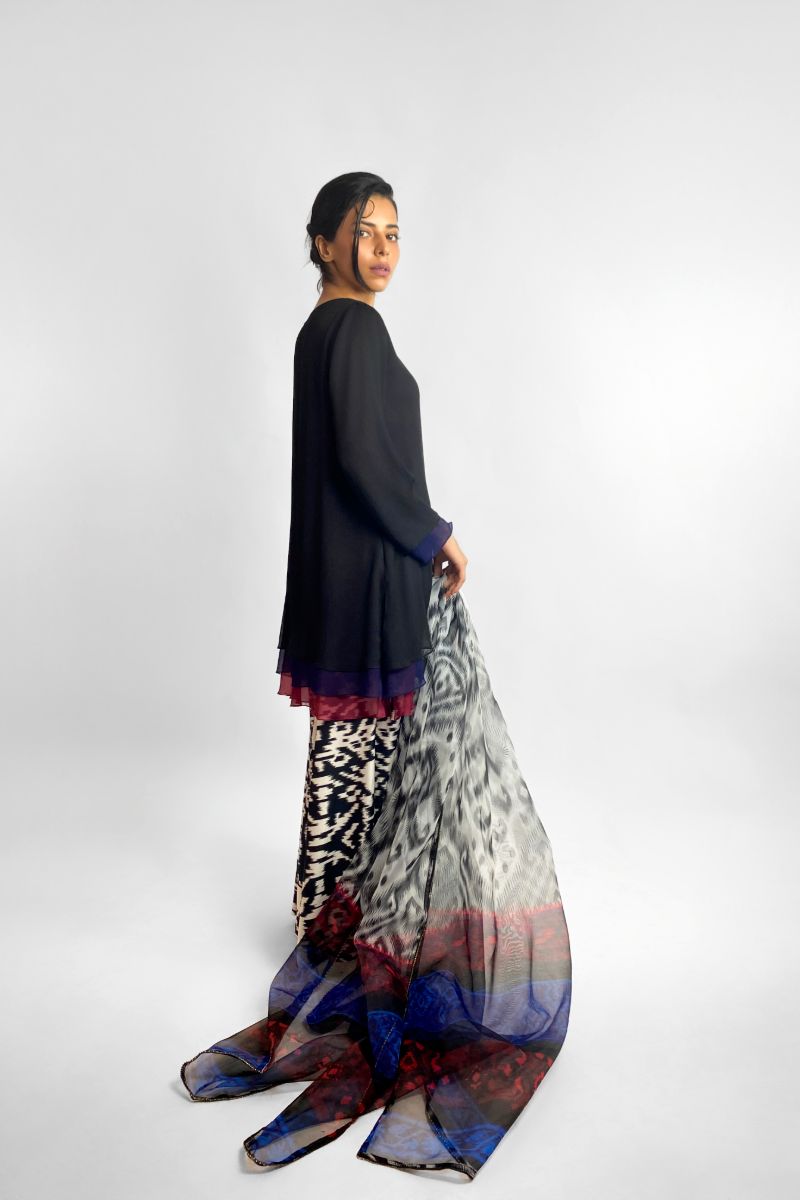 Gulabo - MIDNIGHT MOSAIC SUIT - Blended Chiffon, Silk & Organza - Black & Maroon - 3 Piece