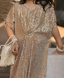 Mom4Little - Sequin Kaftan with Crystal Brooch For Girl - Raw Silk  - Soft Gold  - 3 Piece