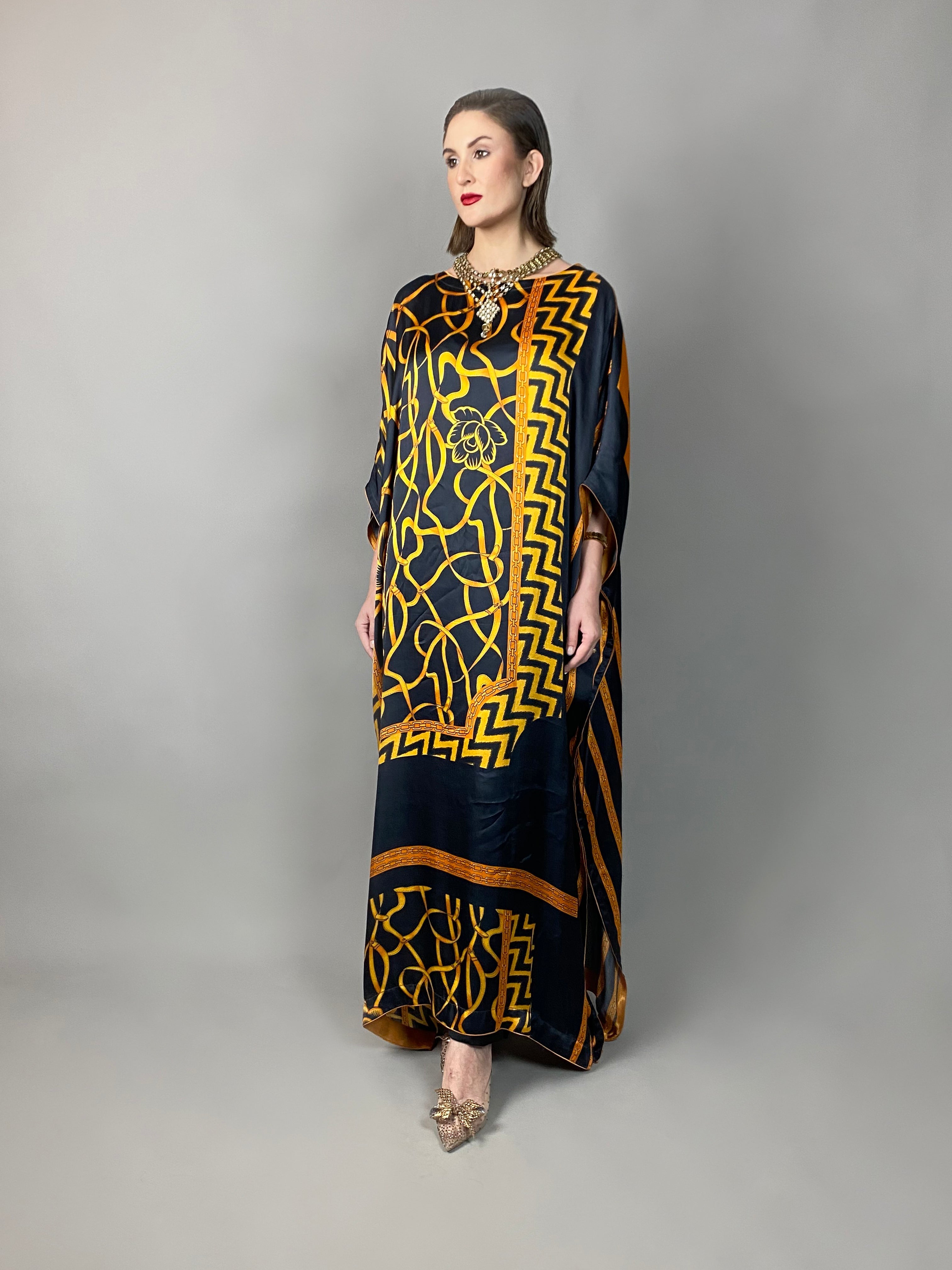 Maheem Khan - Rose Scarf Kaftan - BLACK GOLD - Blended Silk - 1 Piece
