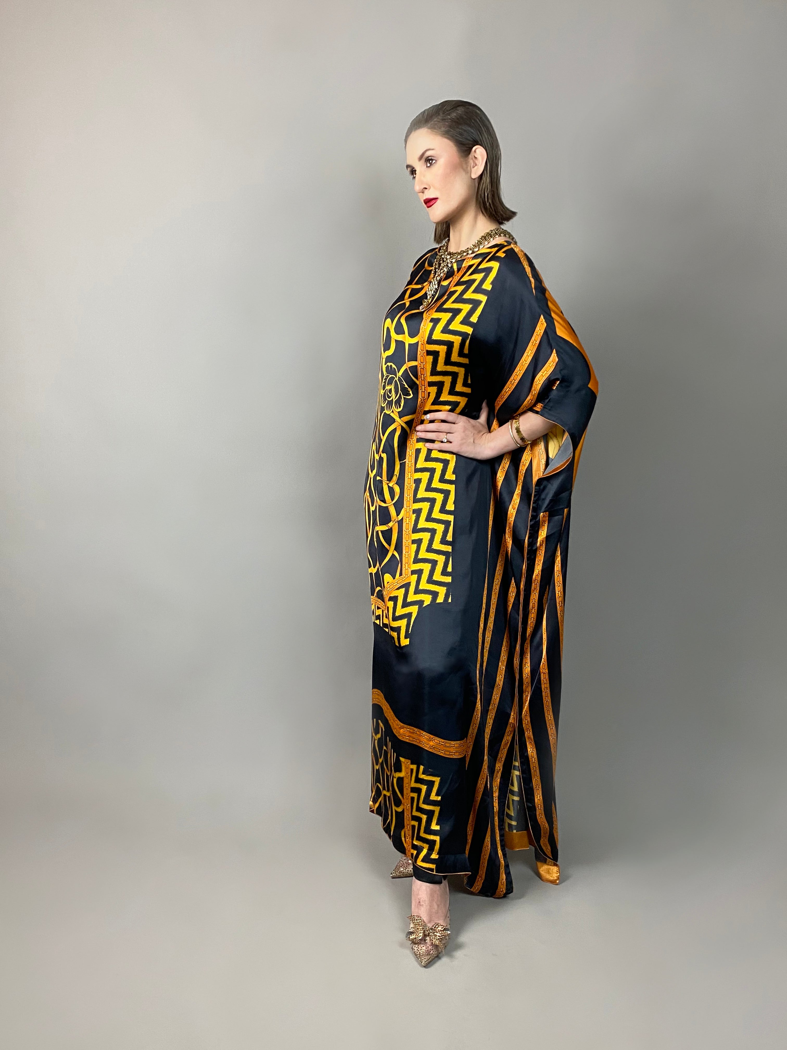 Maheem Khan - Rose Scarf Kaftan - BLACK GOLD - Blended Silk - 1 Piece