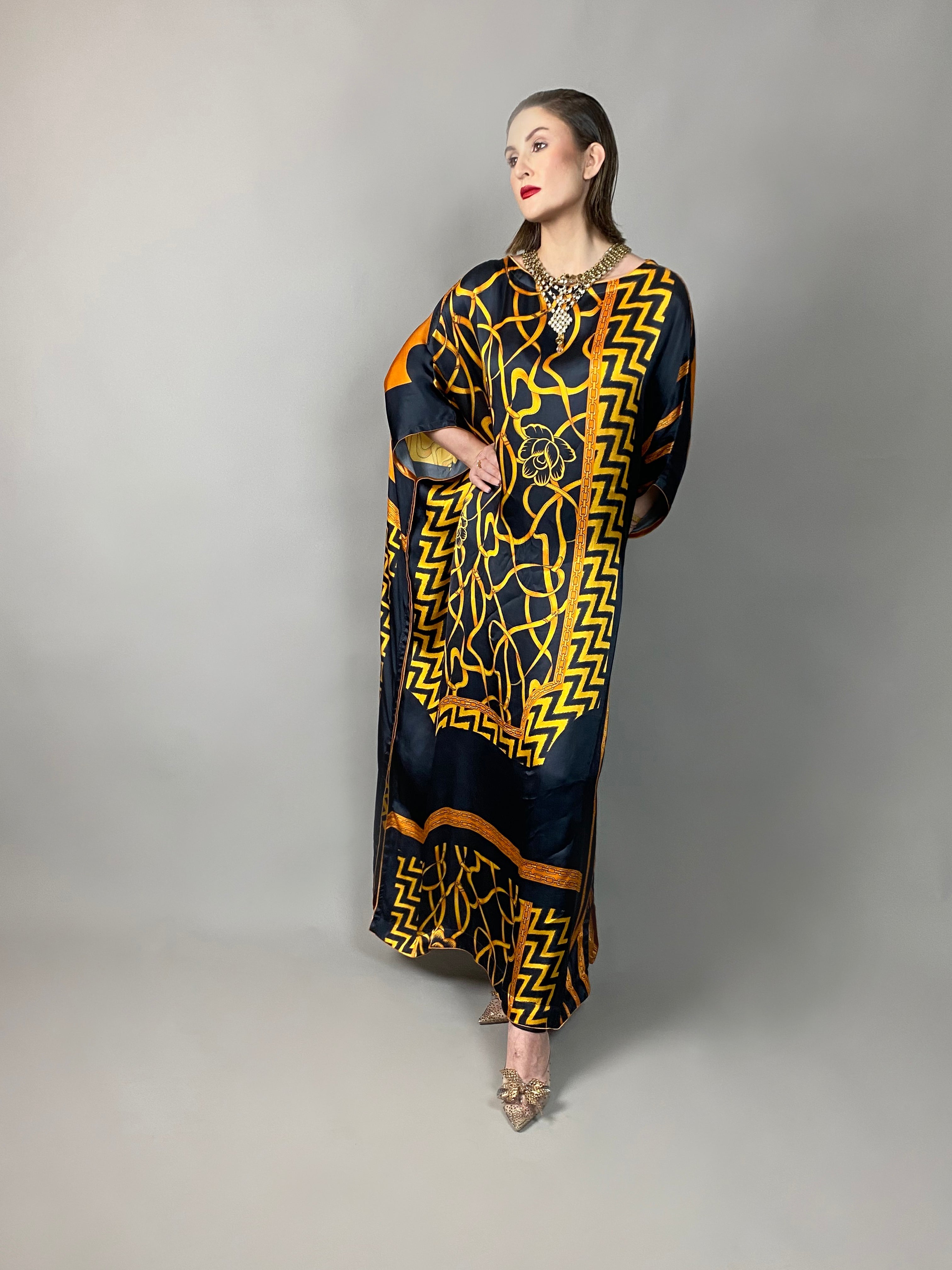 Maheem Khan - Rose Scarf Kaftan - BLACK GOLD - Blended Silk - 1 Piece