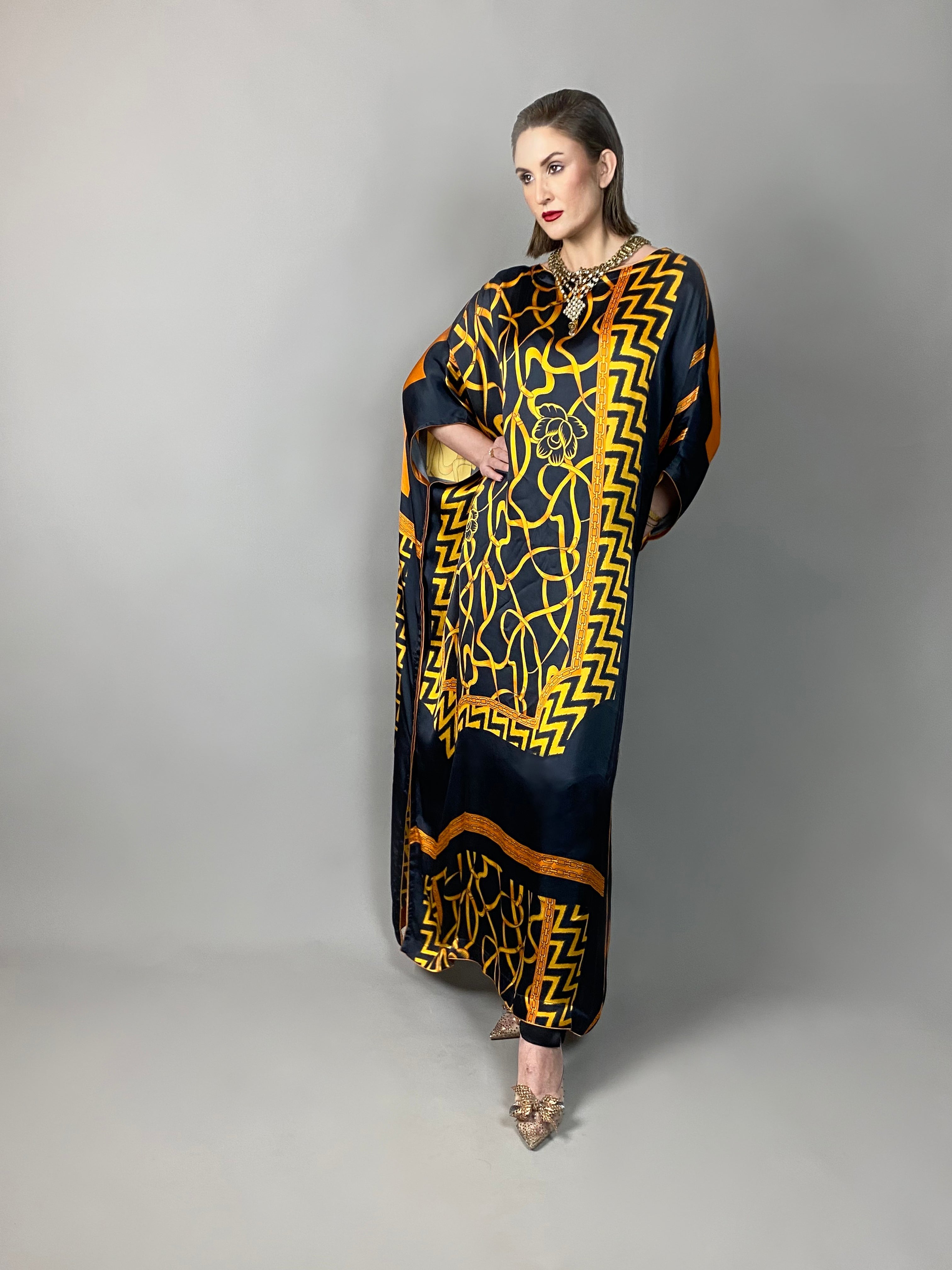 Maheem Khan - Rose Scarf Kaftan - BLACK GOLD - Blended Silk - 1 Piece