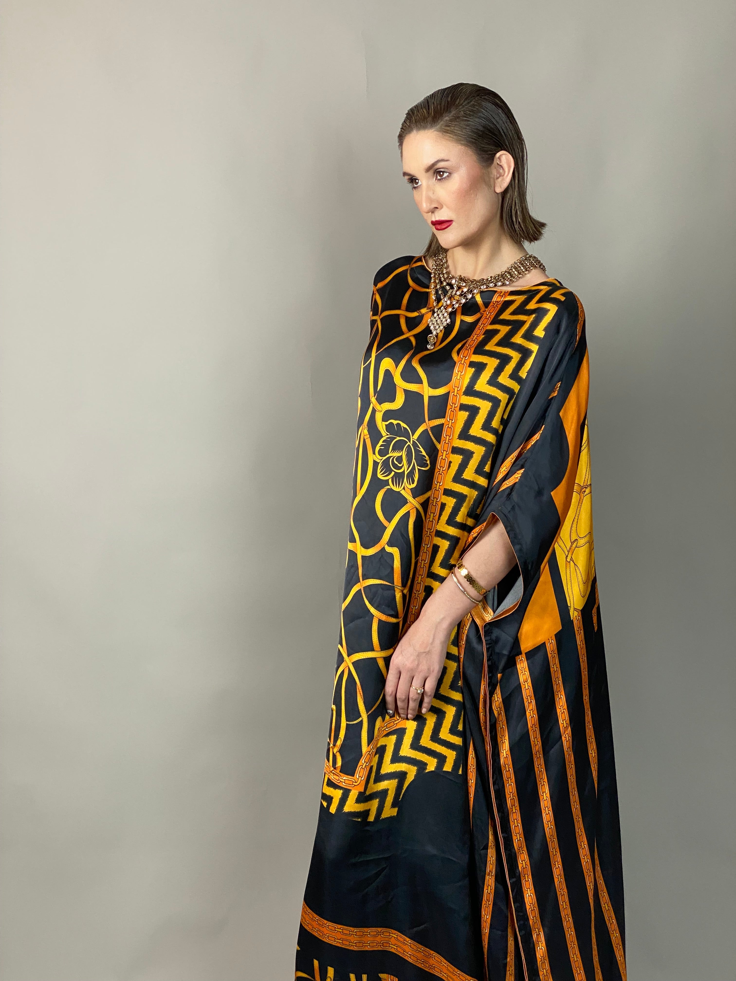 Maheem Khan - Rose Scarf Kaftan - BLACK GOLD - Blended Silk - 1 Piece