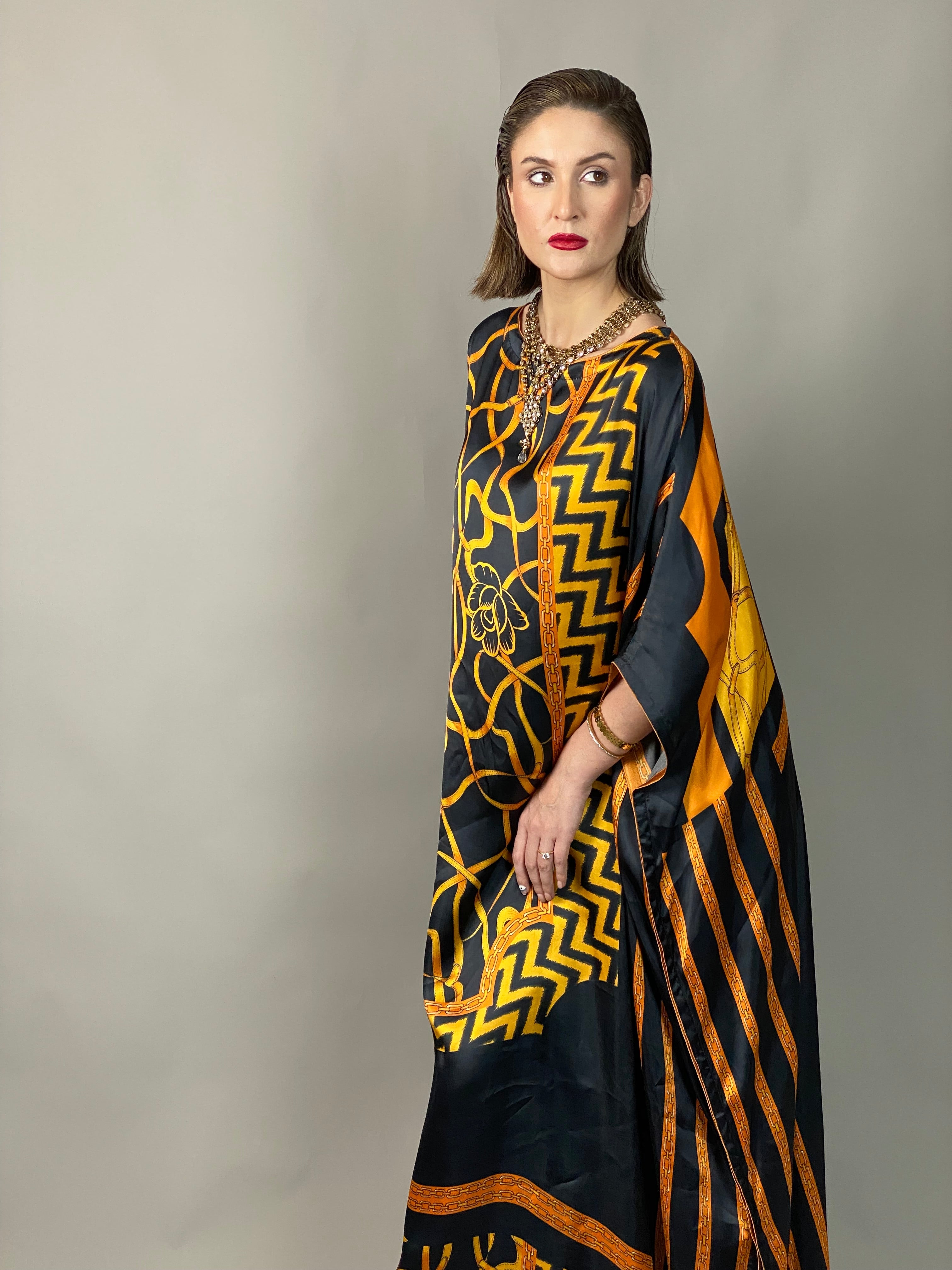 Maheem Khan - Rose Scarf Kaftan - BLACK GOLD - Blended Silk - 1 Piece