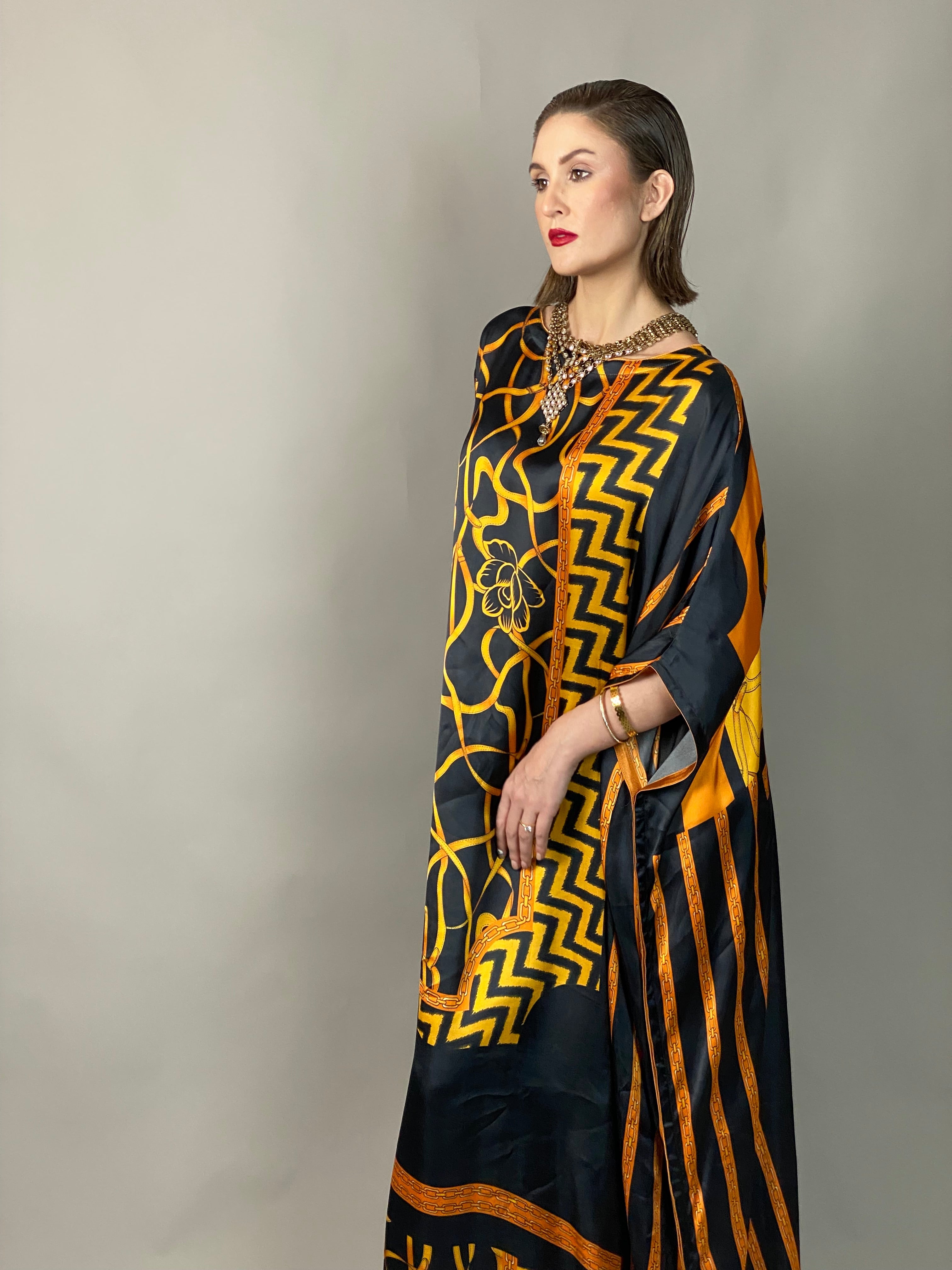 Maheem Khan - Rose Scarf Kaftan - BLACK GOLD - Blended Silk - 1 Piece
