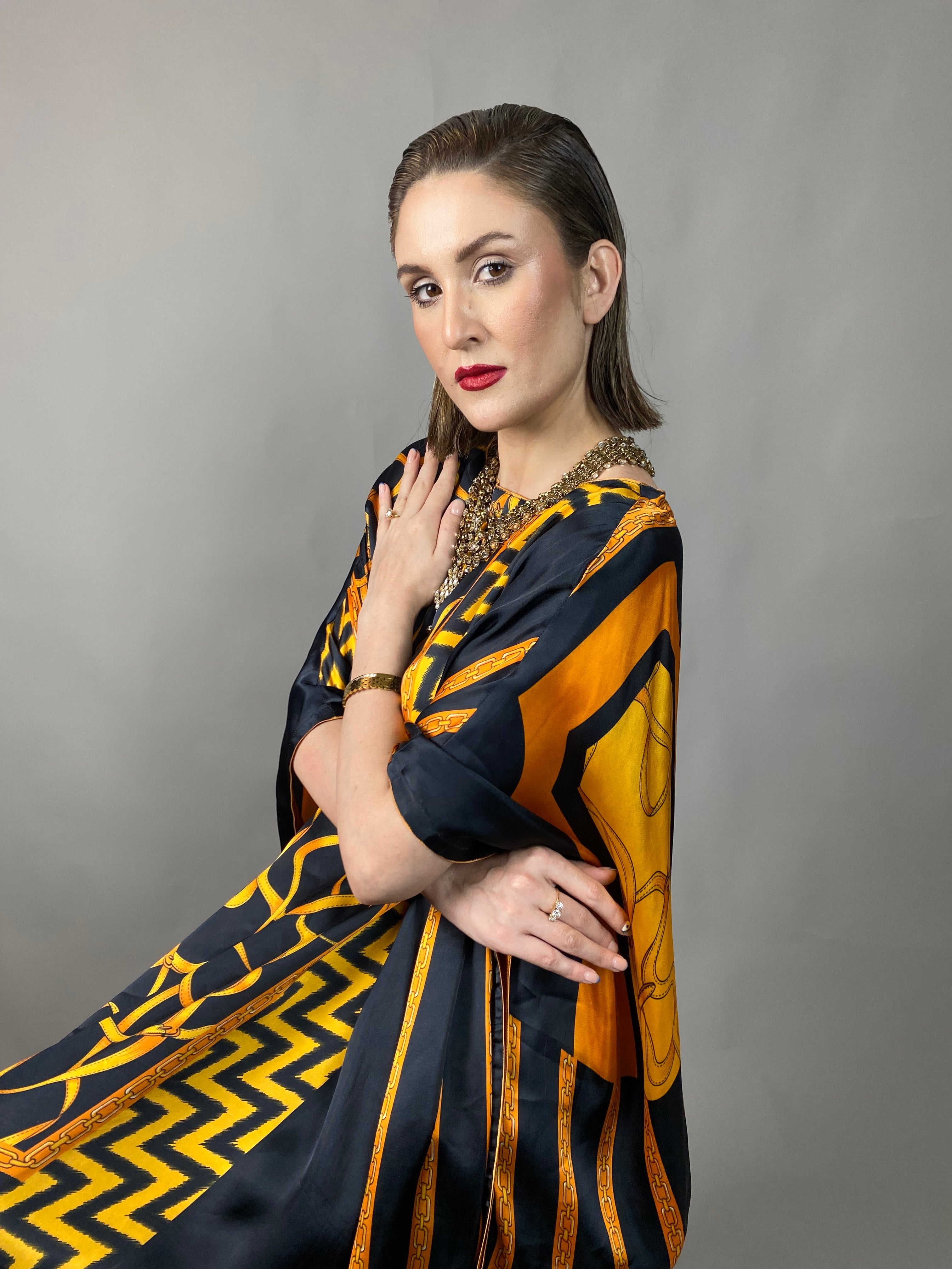 Maheem Khan - Rose Scarf Kaftan - BLACK GOLD - Blended Silk - 1 Piece