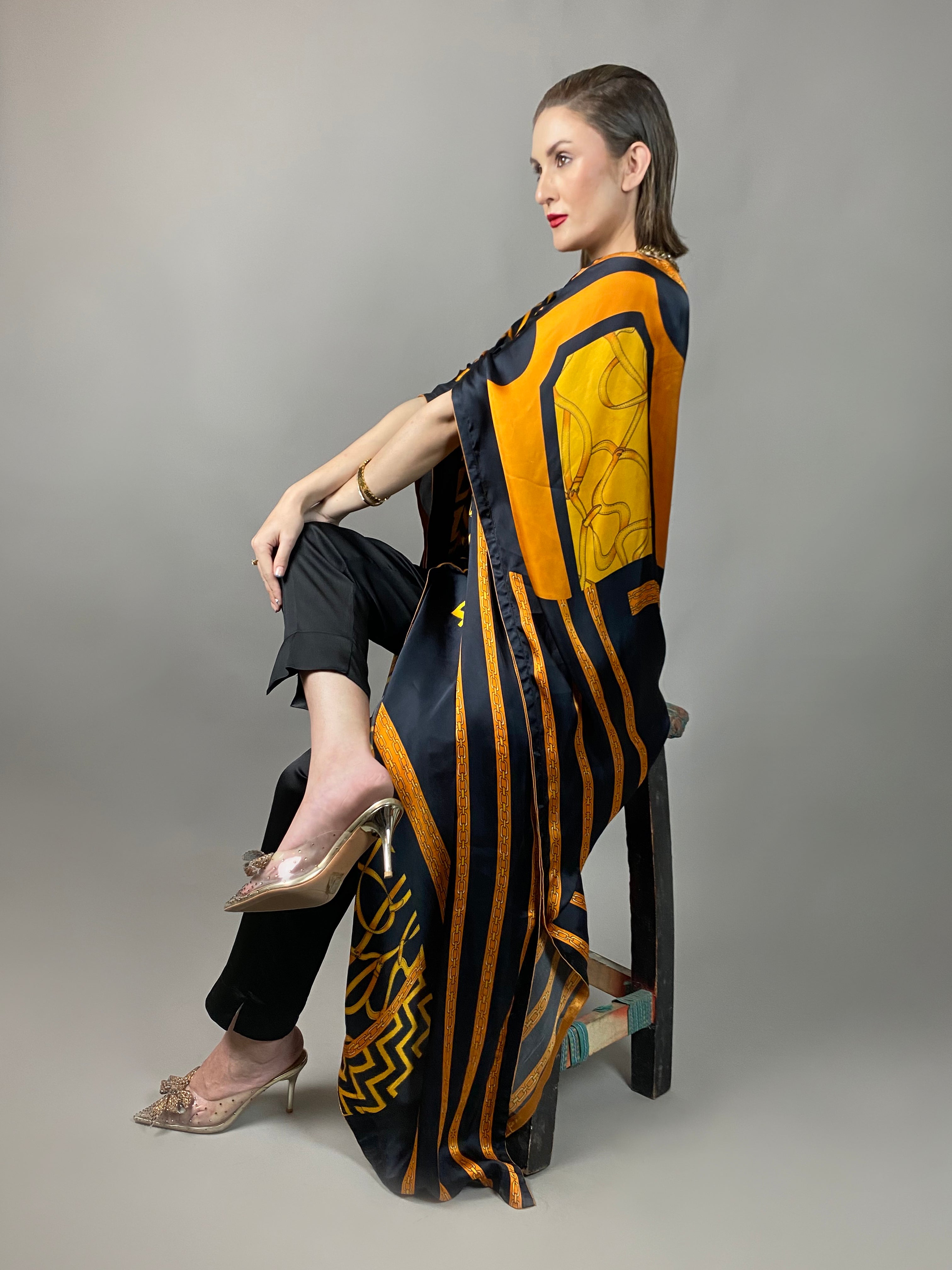 Maheem Khan - Rose Scarf Kaftan - BLACK GOLD - Blended Silk - 1 Piece